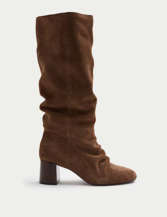 Suede Ruched Block Heel Knee High Boot