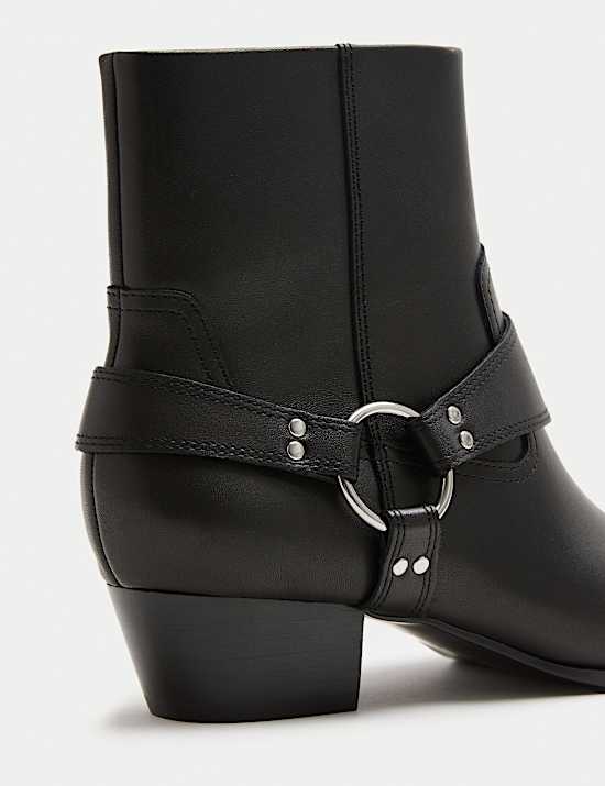 Leather Harness Square Toe Ankle Boots