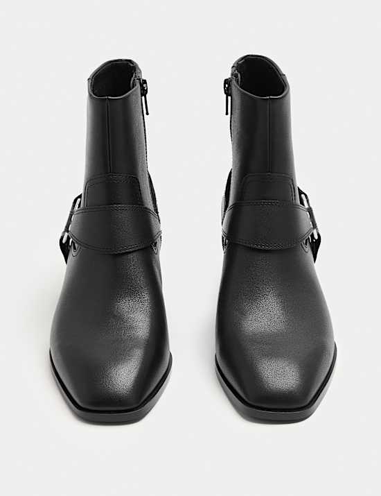 Leather Harness Square Toe Ankle Boots