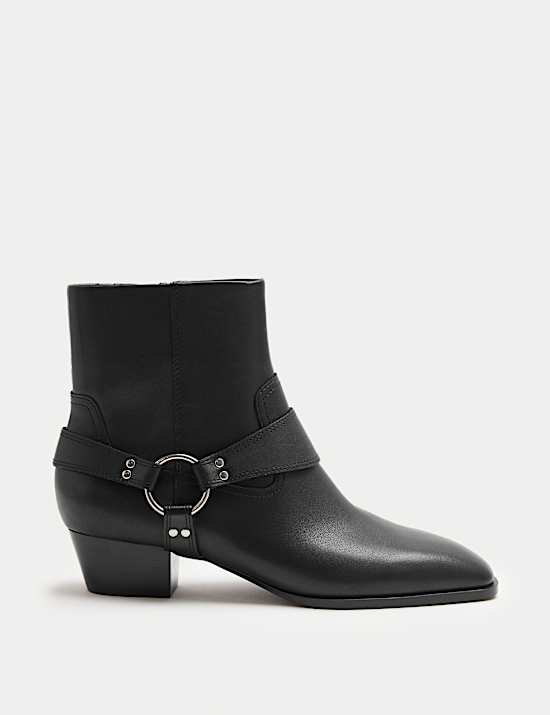 Leather Harness Square Toe Ankle Boots