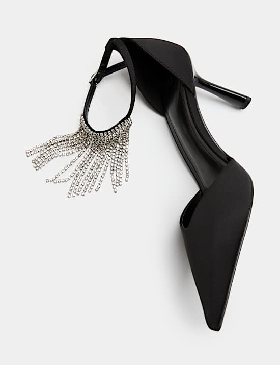 Satin Fringed Ankle Strap Court Shoe