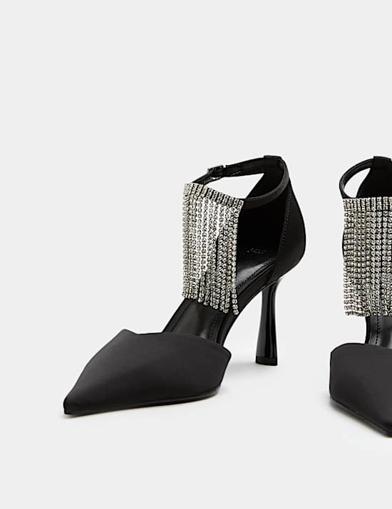 Satin Fringed Ankle Strap Court Shoe
