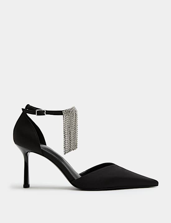 Satin Fringed Ankle Strap Court Shoe