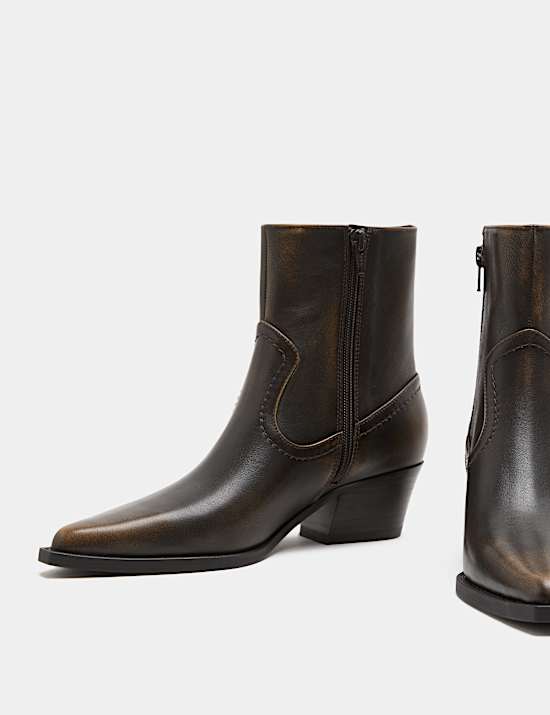 Leather Cowboy Block Heel Pointed Toe Boots