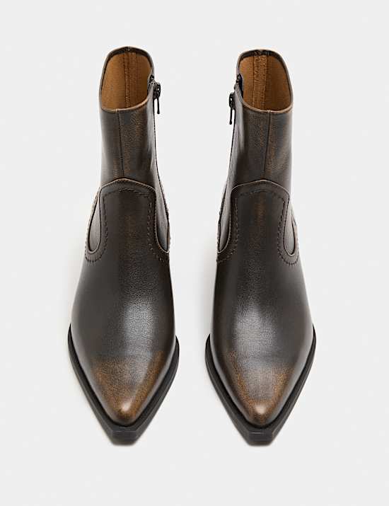 Leather Cowboy Block Heel Pointed Toe Boots