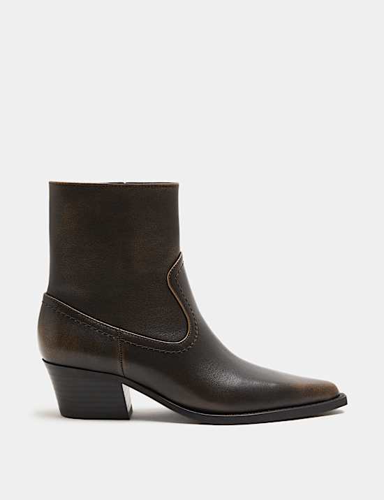 Leather Cowboy Block Heel Pointed Toe Boots