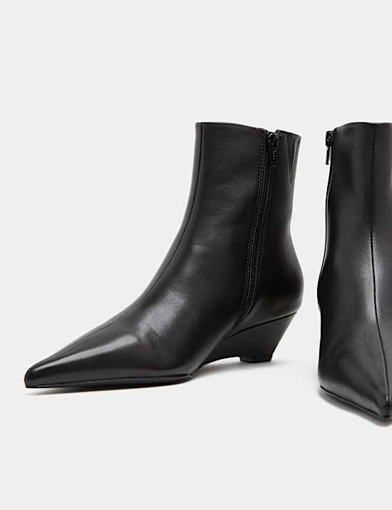 Leather Wedge Pointed Ankle Boots