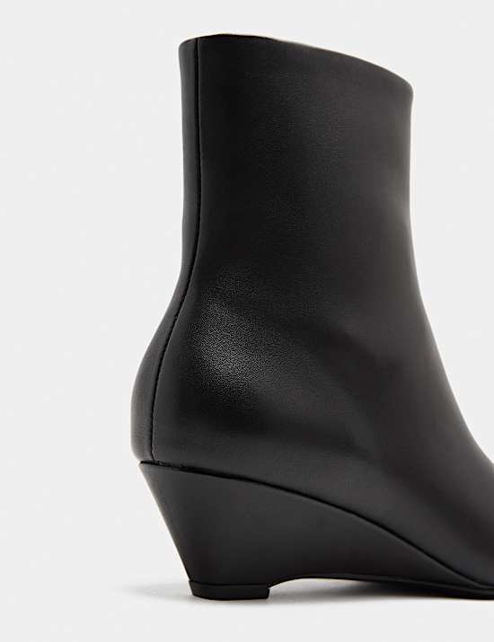 Leather Wedge Pointed Ankle Boots