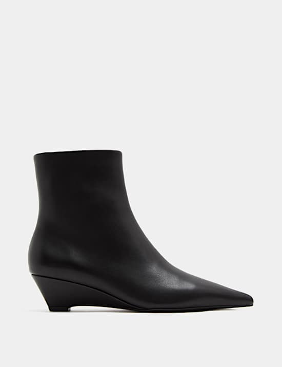 Leather Wedge Pointed Ankle Boots