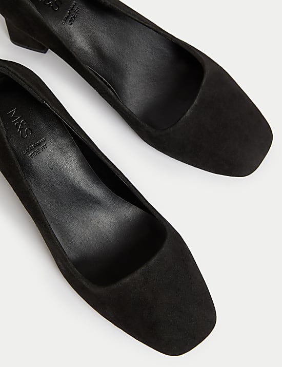 Wide Fit Leather Block Heel Court Shoes