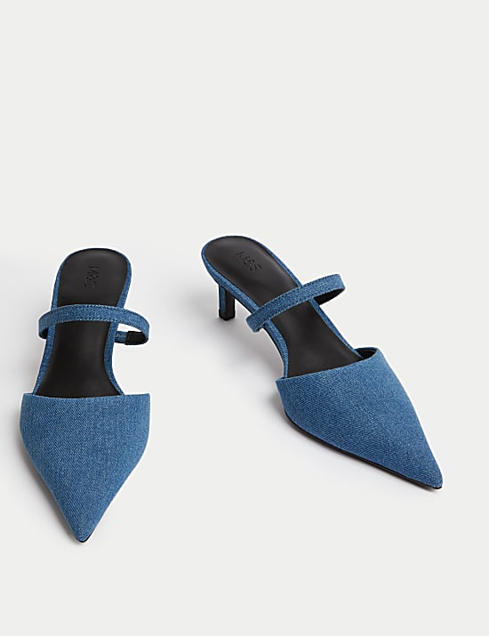 Denim Kitten Heel Pointed Mules