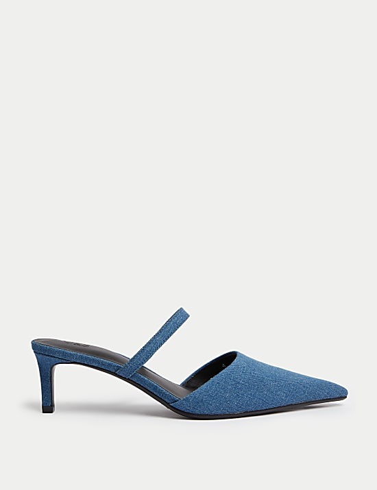 Denim Kitten Heel Pointed Mules