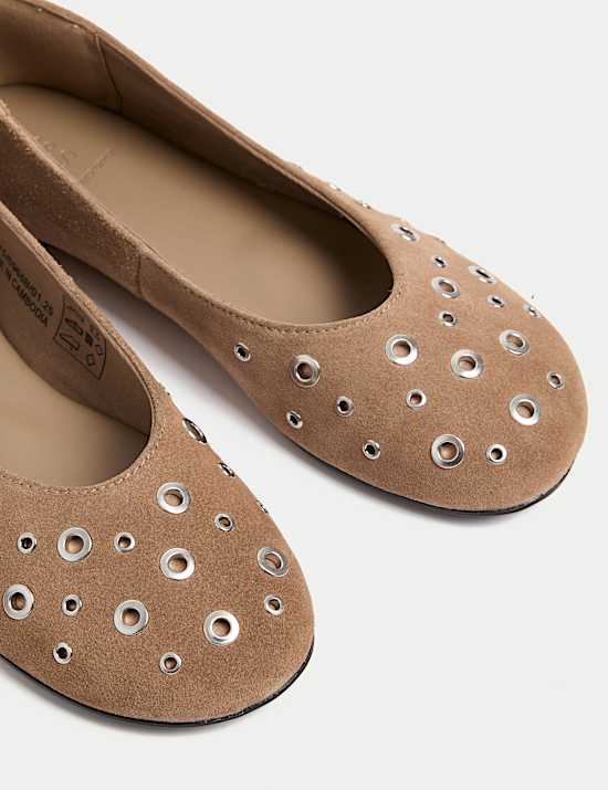Suede Eyelet Studded Flat Ballet Pumps