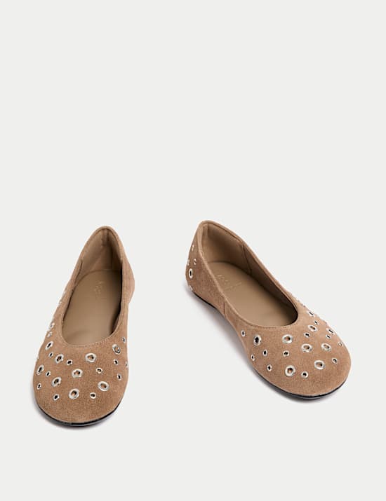 Suede Eyelet Studded Flat Ballet Pumps