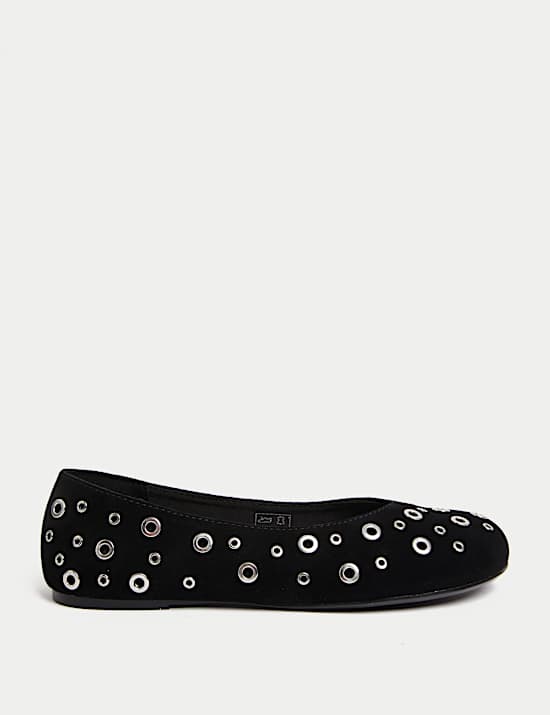 Suede Eyelet Studded Flat Ballet Pumps