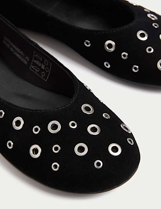 Suede Eyelet Studded Flat Ballet Pumps