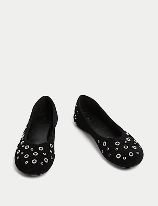 Suede Eyelet Studded Flat Ballet Pumps
