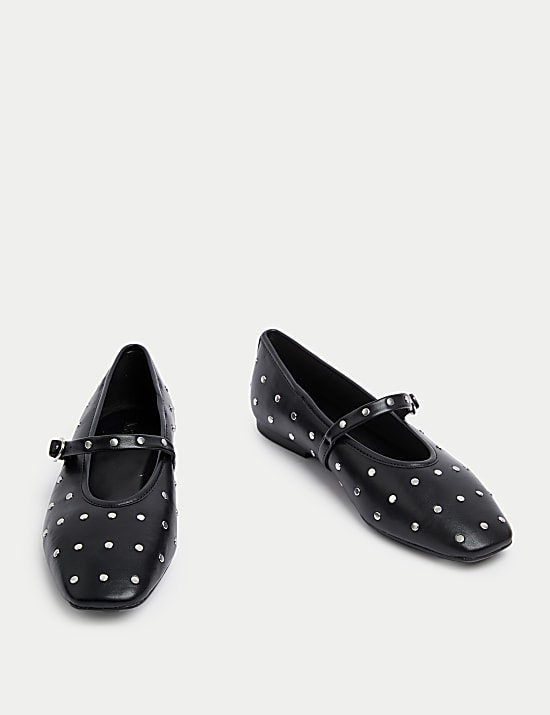 Studded Buckle Flat Ballet Pumps