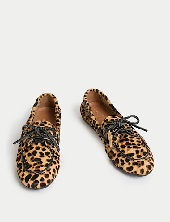 Leather Leopard Print Flat Boat Shoes