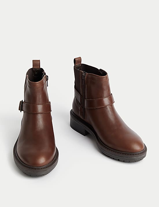 Wide Fit Leather Buckle Flat Ankle Boots