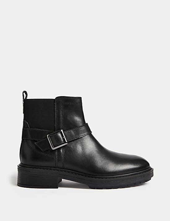 Wide Fit Leather Buckle Flat Ankle Boots BROWN Boots M S SE