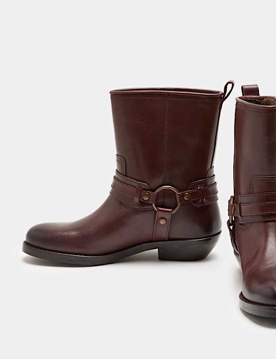 Leather Cowboy Block Heel Mid Calf Boots