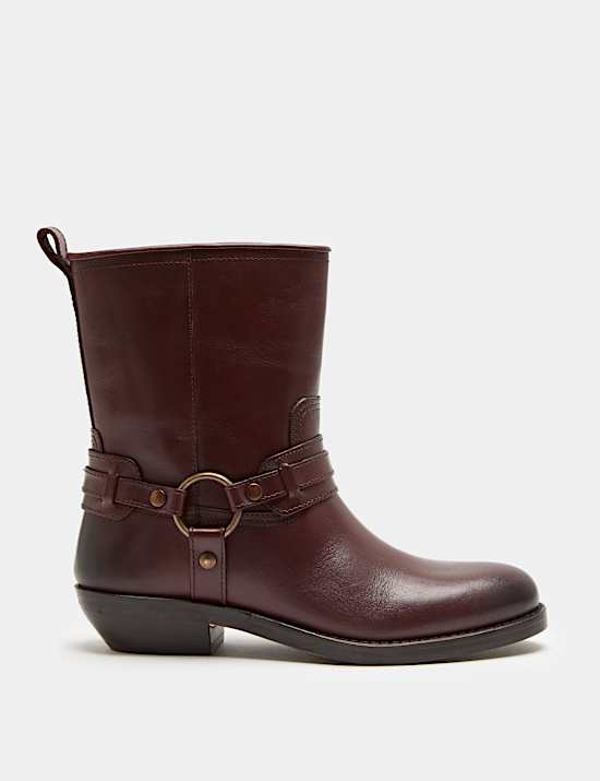 Leather Cowboy Block Heel Mid Calf Boots