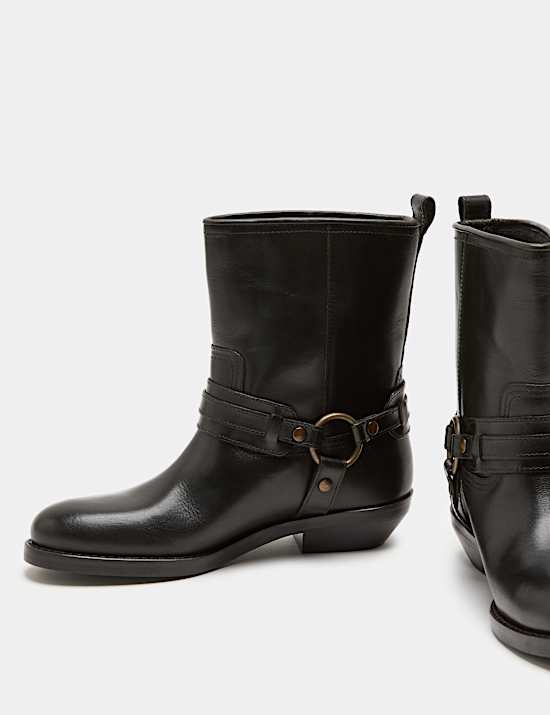 Leather Cowboy Block Heel Mid Calf Boots