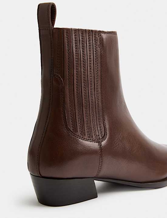 Leather Western Block Heel Ankle Boots