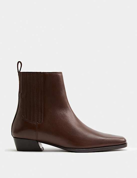 Leather Western Block Heel Ankle Boots