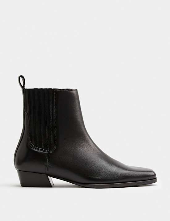 Bottines style Western en cuir &agrave; talons carr&eacute;s
