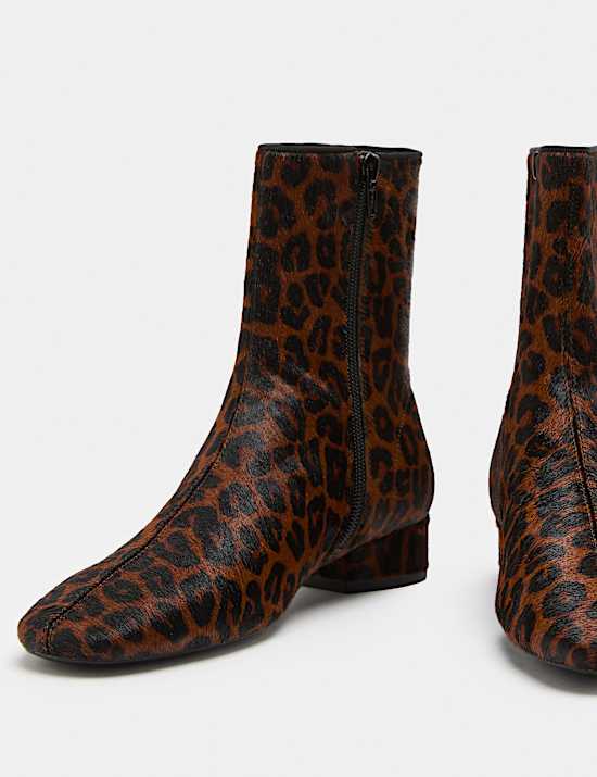 Leather Leopard Print Block Heel Sock Boots