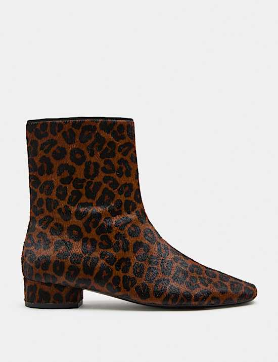 Leather Leopard Print Block Heel Sock Boots