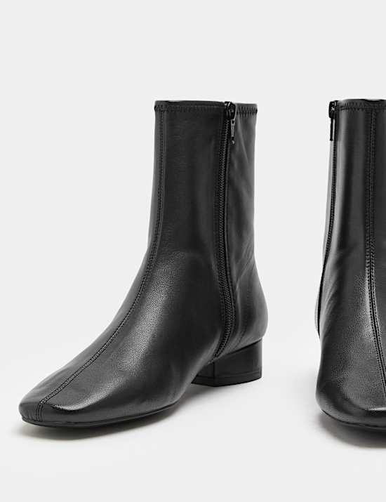 Leather Block Heel Chisel Toe Sock Boots