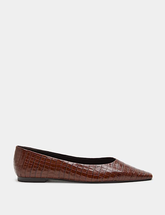 Leather Croc Chisel Toe Flat Pumps
