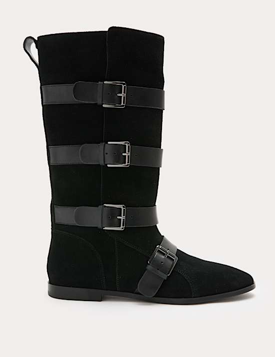 Suede Buckle Strap Mid Calf Flat Boots
