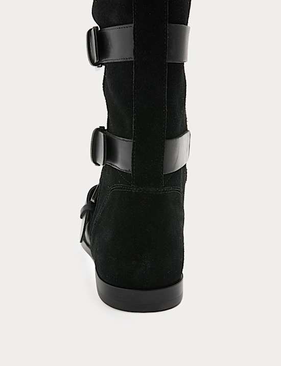 Suede Buckle Strap Mid Calf Flat Boots