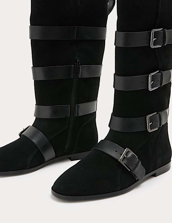 Suede Buckle Strap Mid Calf Flat Boots
