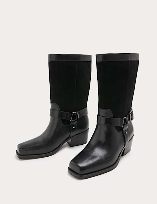 Leather Biker Buckle Block Heel Mid Calf Boots