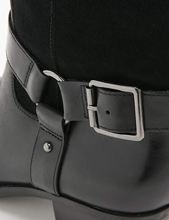 Leather Biker Buckle Block Heel Mid Calf Boots