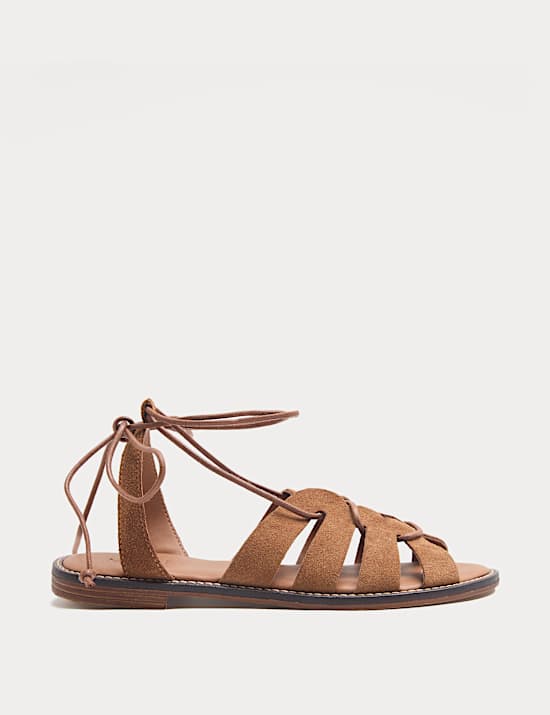 Sandales spartiates plates en daim &agrave; lacets