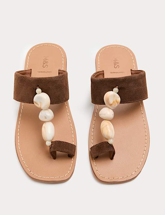 Suede Beaded Toe Post Mules