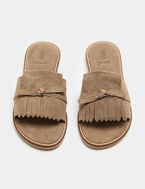 Suede Fringed Flat Mules