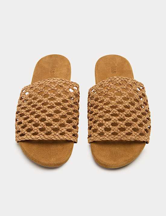 Leather Woven Flat Open Toe Mules