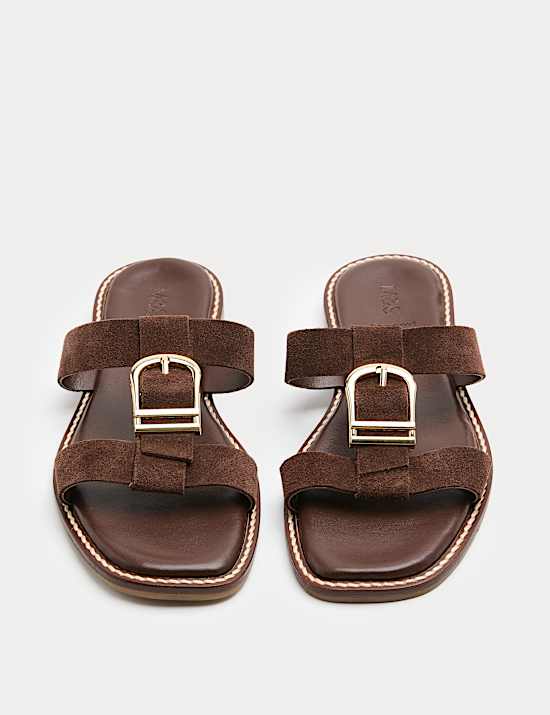 Suede Buckle Flat Mule Sandals