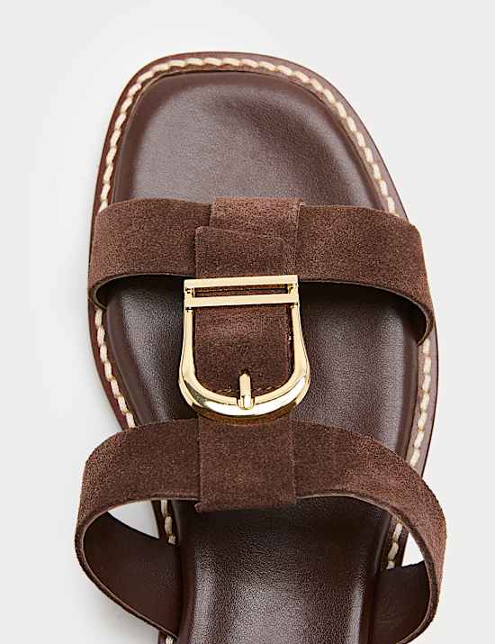 Suede Buckle Flat Mule Sandals