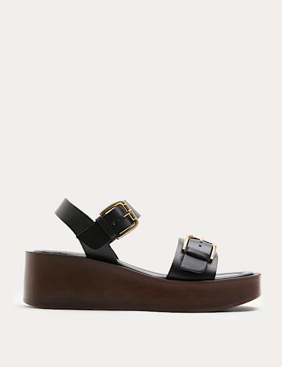 Leather Buckle Wedge Sandals