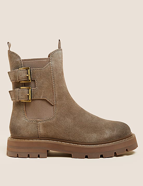 Suede Chelsea Buckle Flatform Ankle Boots