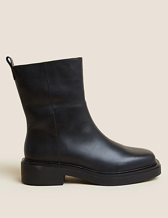 Leather Flat Square Toe Ankle Boots