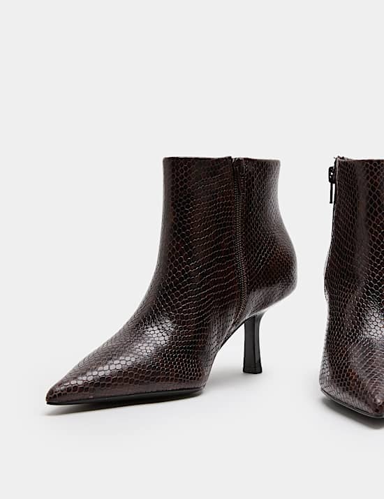 Leather Snake Print Kitten Heel Ankle Boot